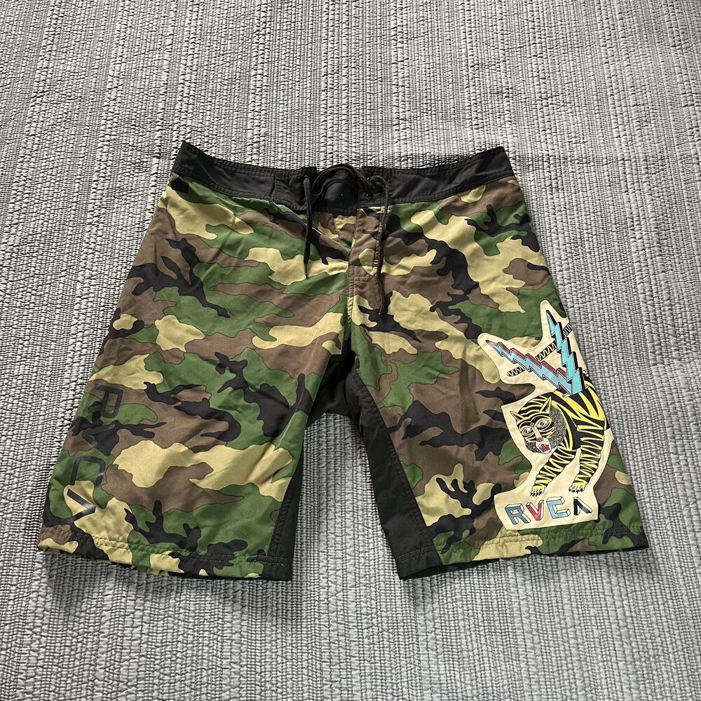 RVCA Matt Leines Board Shorts Men 32 Camo Rare Tiger Bolts Swim Beach Pocket